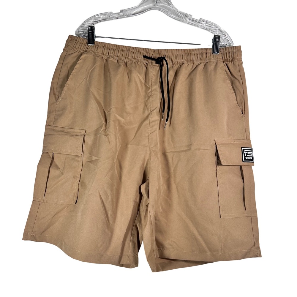FS Fashion Mens Cargo Shorts Tan Khaki Elastic Waist Drawstring Pockets